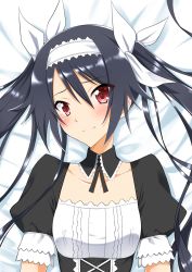 Rule 34 | 1girl, alternate costume, bed sheet, black hair, blush, bow, breasts, collarbone, detached collar, from above, hair bow, head tilt, highres, long hair, looking at viewer, maid, maid headdress, ore twintail ni narimasu, puffy short sleeves, puffy sleeves, red eyes, short sleeves, small breasts, smile, solo, tsube aika, twintails, upper body, yuto (dialique)