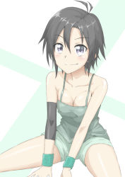 Rule 34 | 1girl, antenna hair, arm warmers, bare shoulders, between legs, black hair, breasts, breasts squeezed together, camisole, cleavage, collarbone, hand between legs, idolmaster, idolmaster (classic), kikuchi makoto, purple eyes, shirt, short hair, shorts, shunichi, simple background, sitting, sleeveless, sleeveless shirt, smile, solo, spread legs, tank top, white background
