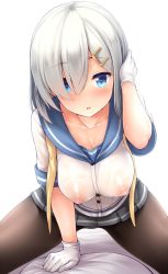 Rule 34 | 10s, 1girl, arm support, black pantyhose, blue eyes, blush, breasts, collarbone, covered erect nipples, female focus, gloves, hair ornament, hair over one eye, hairclip, hamakaze (kancolle), jpeg artifacts, kantai collection, kneeling, large breasts, leaning forward, looking at viewer, nipples, on bed, open mouth, pantyhose, pillow, see-through, short hair, silver hair, simple background, solo, straddling, sweat, uni8, white background, white gloves