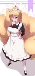 Rule 34 | 1girl, alternate costume, animal ears, apron, black footwear, blonde hair, breasts, closed mouth, fox ears, fox tail, hands on own hips, highres, large breasts, looking at viewer, maid, maid apron, maid headdress, multiple tails, pantyhose, short hair, sivamaron, smile, solo, tail, touhou, white pantyhose, yakumo ran, yellow eyes