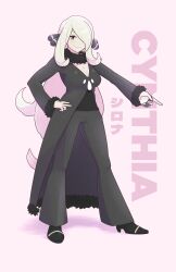 Rule 34 | 1girl, absurdres, black coat, black pants, blonde hair, breasts, character name, cleavage, closed mouth, coat, creatures (company), cynthia (pokemon), full body, fur-trimmed coat, fur collar, fur trim, game freak, grey eyes, hair ornament, hand on own hip, highres, holding, holding poke ball, large breasts, long hair, nintendo, pants, pointing, poke ball, pokemon, pokemon dppt, smile, solo, synapseproperty, ultra ball, very long hair