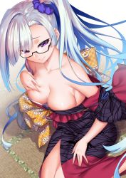 Rule 34 | 1girl, bare shoulders, blue eyes, blush, breasts, brynhildr (fate), cleavage, collarbone, commission, cosplay, fate/grand order, fate/prototype, fate/prototype: fragments of blue and silver, fate (series), glasses, hair ornament, hair scrunchie, highres, japanese clothes, katsushika hokusai (fate), katsushika hokusai (fate) (cosplay), kimono, large breasts, long hair, long sleeves, looking at viewer, off shoulder, ono misao, purple eyes, purple kimono, red kimono, sash, scrunchie, side ponytail, silver hair, skeb commission, smile, solo, very long hair, wide sleeves