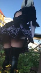 Rule 34 | 1girl, animated, artist request, ass, black dress, blindfold, blue sky, cosplay, day, dress, female focus, hairband, lifting own clothes, nier (series), nier:automata, outdoors, panties, photo (medium), silver hair, sky, solo, tagme, thighs, underwear, video, white panties, 2b (nier:automata)