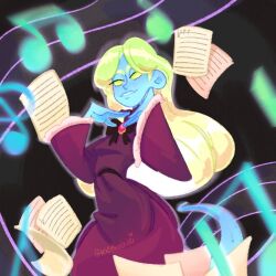 1girl blonde_hair blue_skin bow colored_skin dress dress_bow fur_trim ghost ghost_girl glowing glowing_eyes luigi&#039;s_mansion mario_(series) melody_pianissima musical_note nintendo red_dress sheet_music solo teletunkie