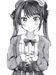 Rule 34 | 1girl, aran sweater, bad id, bad pixiv id, blouse, blush, bow, bowtie, cable knit, cardigan, closed mouth, embarrassed, frilled shirt, frills, greyscale, hat, high-waist skirt, highres, hololive, interlocked fingers, jacket, long hair, looking at viewer, monochrome, nanashi (nlo), official alternate costume, official alternate hairstyle, oozora subaru, oozora subaru (casual), own hands together, shirt, simple background, skirt, smile, solo, sweat, sweater, sweater jacket, twintails, virtual youtuber, white background