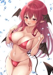 Rule 34 | 1girl, :d, bat wings, bikini, bikini pull, blush, breasts, cameltoe, cleavage, clothes pull, collared shirt, commentary, cowboy shot, demon tail, head wings, highres, koakuma, large breasts, long hair, multiple wings, navel, open mouth, pointy ears, pulled by self, red bikini, red eyes, red hair, reijing etrn, shirt, simple background, smile, solo, swimsuit, tail, touhou, water, white background, wings