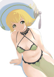 Rule 34 | .hack//, .hack//g.u., 1girl, arm support, atoli (.hack//), bare shoulders, beret, bikini, blonde hair, breasts, cleavage, closed mouth, collarbone, commentary request, commission, covered erect nipples, cowboy shot, criss-cross halter, gold choker, green bikini, green eyes, halterneck, hat, highres, large hat, looking at viewer, makoto daikichi, medium breasts, navel, pelvic curtain, see-through, shadow, short hair, sidelocks, simple background, sitting, skeb commission, smile, solo, stomach, swimsuit, white background, white hat