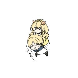 Rule 34 | 1boy, 1girl, absurdres, alfred (fire emblem), blonde hair, brother and sister, butterfly hair ornament, carrying, celine (fire emblem), chibi, crown, fire emblem, fire emblem engage, hair ornament, highres, long hair, nintendo, piggyback, shirt, short hair, shorts, siblings, struggling, very long hair, white background, yotsuba rew