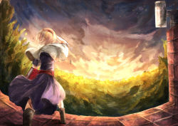 Rule 34 | 1girl, alice margatroid, bad id, bad pixiv id, blonde hair, book, boots, capelet, cloud, dress, fisheye, forest, from behind, hairband, hand to forehead, nature, sash, short hair, sky, solo, star (sky), starry sky, touhou, touro, twilight, wind, wind lift