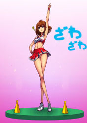 Rule 34 | 1girl, ?, arm up, armpits, blue eyes, breasts, brown hair, cheerleader, chikuwa udon, crop top, female focus, full body, gradient background, hand on own hip, index finger raised, miniskirt, navel, no panties, open mouth, pink background, pleated skirt, pointing, pointing up, pussy, shirt, shoes, short hair, skirt, sleeveless, sleeveless shirt, sneakers, solo, standing, sweatband, uncensored, yasumi-chan, yasumi (yasumi-chan)