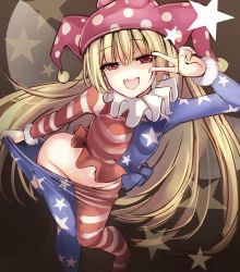 Rule 34 | 1girl, :d, american flag, american flag dress, american flag legwear, blonde hair, brown background, clothes pull, clownpiece, collar, eyebrows, fairy, fairy wings, flag print, fur trim, groin, hat, hip focus, janne cherry, jester cap, long hair, long sleeves, looking at viewer, navel, no panties, open mouth, pantyhose, pantyhose pull, polka dot, polka dot headwear, red eyes, simple background, smile, solo, standing, star (symbol), star print, stomach, striped clothes, striped pantyhose, sweatband, teeth, touhou, tsurime, v, v over eye, very long hair, wings