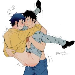 Rule 34 | 2boys, abs, ass, black hair, blush, closed mouth, clothed sex, commentary request, couple, cum, cum in ass, cum overflow, demorzel, denim, drooling, earrings, facial hair, facial scar, full-face blush, goatee, highres, implied vaginal, jeans, jewelry, looking at another, monkey d. luffy, mouth drool, multiple boys, one piece, pants, saliva, scar, scar on cheek, scar on face, sex, shirt, short hair, smile, suspended congress, tattoo, thighs, toned, toned male, topless male, trafalgar law, trembling, yaoi, yellow shirt