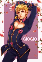 Rule 34 | 1boy, arms behind head, bad id, bad pixiv id, blonde hair, blue eyes, braid, flower, giorno giovanna, jojo no kimyou na bouken, lonely one, male focus, pectoral cleavage, pectorals, petals, solo, vento aureo