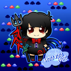 1girl asymmetrical_wings black_hair blue_background blush character_name chibi female_focus houjuu_nue polearm red_eyes ribbon short_hair smile snake solo soramame1110 touhou trident ufo weapon wings