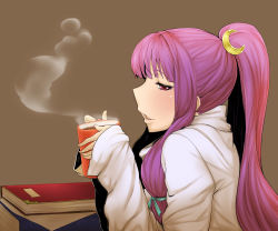 Rule 34 | 1girl, absurdres, bakuya, book, coffee, crescent, crescent hair ornament, cup, face, female focus, hair ornament, hair ribbon, highres, long hair, no headwear, patchouli knowledge, ponytail, profile, purple eyes, purple hair, ribbon, sidelocks, simple background, solo, steam, touhou, very long hair