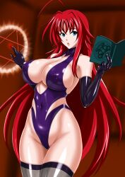 Rule 34 | 1girl, ahoge, black gloves, blue eyes, blurry, blurry background, book, breasts, center opening, cleavage, clothing cutout, commentary request, covered erect nipples, covered navel, gloves, grey thighhighs, high school dxd, highleg, highleg leotard, highres, holding, holding book, indoors, large breasts, latex, latex gloves, latex leotard, latex thighhighs, leotard, long hair, magic circle, nado.e, open mouth, pentagram, purple leotard, reading, red hair, revealing clothes, rias gremory, shiny skin, solo, thighhighs