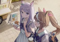 Rule 34 | 2girls, animal ears, bag, blue eyes, brown hair, closed mouth, cup, dango (uni 520), disposable cup, food, food on face, food truck, hand up, highres, holding, holding cup, holding food, horse ears, long hair, looking at viewer, mejiro mcqueen (umamusume), multicolored hair, multiple girls, open mouth, outdoors, pleated skirt, pointing, ponytail, purple eyes, purple hair, purple shirt, school bag, school uniform, shirt, short sleeves, shoulder bag, skirt, smile, streaked hair, taiyaki, tokai teio (umamusume), tracen school uniform, umamusume, wagashi, white skirt