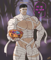 Rule 34 | 1boy, absurdres, bandages, bara, black hair, bulge, candy, covered abs, covered navel, cowboy shot, english text, facial hair, food, forest, halloween, halloween costume, halo, highres, jack-o&#039;-lantern, k sen212, large pectorals, looking at viewer, male focus, manly, mummy costume, muscular, nature, nipples, pectorals, penis sheath, pumpkin, revealing clothes, short hair, sideburns, solo, stubble, thick thighs, thighs, tokyo houkago summoners, yellow eyes, zabaniyya (halloween) (housamo), zabaniyya (housamo)