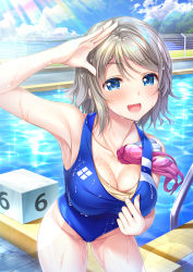 Rule 34 | 1girl, absurdres, blue eyes, blue one-piece swimsuit, blue sky, breasts, cleavage, clothes pull, cloud, commentary request, competition swimsuit, cowboy shot, day, goggles, unworn goggles, grey hair, happy birthday, highres, looking at viewer, love live!, love live! sunshine!!, medium breasts, one-piece swimsuit, one-piece swimsuit pull, outdoors, pool, saikyo pink fp, salute, short hair, sky, solo, starting block, swimsuit, watanabe you