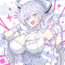 Rule 34 | 1girl, breasts, cleavage, commentary, daiichi (1279220), detached collar, dress, drill hair, duel monster, gloves, grey eyes, highres, large breasts, lovely labrynth of the silver castle, ojou-sama pose, slit pupils, solo, twin drills, white dress, white gloves, white hair, yu-gi-oh!