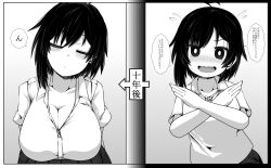 Rule 34 | 1girl, age comparison, age progression, ahoge, blush, breasts, child, cleavage, collared shirt, comic, flying sweatdrops, greyscale, highres, imagawa akira, large breasts, medium breasts, medium hair, monochrome, oppai loli, original, pleated skirt, polo shirt, shirt, skirt, translation request, wavy mouth