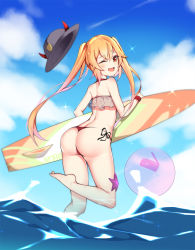 Rule 34 | 1girl, ;d, ass, ball, bare shoulders, beachball, bikini, blonde hair, blue sky, blush, choker, cloud, commentary request, day, fake horns, fang, girls&#039; frontline, grey hat, hat, highres, holding, horned headwear, horns, long hair, looking at viewer, looking back, m870 (girls&#039; frontline), md5 mismatch, meng ge 3 (565571710), ocean, one eye closed, open mouth, outdoors, red bikini, red choker, resolution mismatch, see-through, side-tie bikini bottom, sky, smile, solo, source larger, sparkle, standing, standing on one leg, starfish, surfboard, swimsuit, thong bikini, transparent, twintails, unworn hat, unworn headwear, very long hair, water, wristband