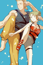 Rule 34 | 1boy, 1girl, barefoot, black tank top, blonde hair, blue eyes, bracelet, breasts, commentary request, earrings, fighting stance, final fantasy, final fantasy vi, floral print, frown, green eyes, green hair, grey shorts, jewelry, medium breasts, o-ring, open mouth, ponytail, ren mizuha, sabin rene figaro, sandals, short shorts, shorts, standing, standing on one leg, star (symbol), strapless, tank top, tina branford, tube top