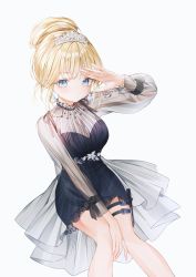 Rule 34 | 1girl, absurdres, blonde hair, blue eyes, breasts, cleavage, dress, earrings, hair bun, highres, hololive, hololive english, holster, jewelry, knife, mole, mole on breast, nabi (uz02), necklace, official art, see-through, see-through cleavage, see-through dress, see-through sleeves, simple background, single hair bun, sitting, solo, thigh holster, tiara, virtual youtuber, watch, watson amelia, watson amelia (party dress), white background