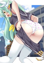 1girl absurdres aqua_hair ass black_serafuku black_skirt black_sleeves blue_sky blush bow breasts clothes_pull day dragon_girl dragon_horns fate/grand_order fate_(series) hair_bow highres horns kiyohime_(fate) large_breasts long_hair miniskirt multiple_horns neckerchief outdoors panties pleated_skirt print_panties school_uniform serafuku shimouki_izui short_sleeves skirt skirt_pull sky solo_focus star_(symbol) star_print thighhighs underwear very_long_hair white_thighhighs yellow_bow yellow_eyes yellow_neckerchief