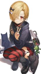 Rule 34 | 1girl, absurdres, bag, black cat, black hoodie, blonde hair, blush, bone hair ornament, cat, choker, full body, garter straps, hair ornament, highres, hood, hoodie, idolmaster, idolmaster cinderella girls, jewelry, lerome, looking at viewer, plaid, plaid skirt, red eyes, red skirt, ring, shirasaka koume, shoulder bag, simple background, skirt, smile, solo, spiked choker, spikes, squatting, striped clothes, striped thighhighs, thighhighs, v, white background