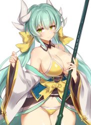 Rule 34 | 1girl, adapted costume, aqua hair, bad id, bad twitter id, bare shoulders, bikini, blush, braid, breasts, collarbone, fate/grand order, fate (series), green eyes, hair between eyes, hair ornament, halterneck, japanese clothes, jitome, kimono, kiyohime (fate), kiyohime (swimsuit lancer) (first ascension) (fate), large breasts, light smile, long hair, looking at viewer, parted lips, pokoten (pokoten718), shiny skin, sideboob, silver hair, solo, swimsuit, thighhighs, thighs, twintails, very long hair, white thighhighs, wide sleeves, yellow bikini, yellow eyes