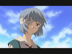 Rule 34 | 00s, 1girl, ayanami rei, bad id, bad pixiv id, bandage over one eye, bandages, blue hair, close-up, cloud, day, evangelion: 1.0 you are (not) alone, eyepatch, frown, letterboxed, neon genesis evangelion, outdoors, rebuild of evangelion, red eyes, ribbon, rindou, rindou (awoshakushi), school uniform, serafuku, short hair, sky, solo, vector trace