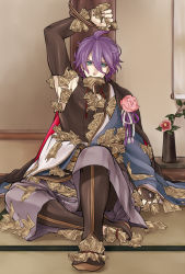 Rule 34 | 10s, 1boy, ahoge, arm up, armpits, blue eyes, bound, clenched hands, eyelashes, jacket, jacket on shoulders, japanese clothes, kasen kanesada, looking at viewer, male focus, mocollie, money, mouth hold, pale skin, purple hair, scroll, sitting, solo, tatami, tied up, touken ranbu, vase