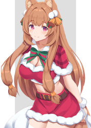Rule 34 | 1girl, animal ear fluff, animal ears, bell, belt, blunt bangs, blush, bow, bowtie, breasts, brown belt, brown hair, capelet, christmas, cleavage, closed mouth, commentary, english commentary, green bow, green bowtie, grey background, hair bell, hair ornament, highres, kusubii, large breasts, long hair, looking at viewer, midriff, navel, pink eyes, raccoon ears, raccoon girl, raccoon tail, raphtalia, red capelet, smile, solo, striped bow, striped bowtie, striped clothes, striped neckwear, tail, tate no yuusha no nariagari, two-tone background, white background