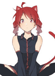 Rule 34 | 1girl, ahoge, animal ears, bare shoulders, between legs, black shirt, black skirt, black sleeves, black thighhighs, breasts, cat day, cat ears, cat tail, commentary, detached sleeves, drill hair, expressionless, hand between legs, highres, kasane teto, looking at viewer, medium hair, red eyes, red hair, shirt, shoulder tattoo, simple background, sitting, skirt, sleeveless, sleeveless shirt, small breasts, solo, tail, tattoo, thighhighs, twin drills, utau, white background, yasutange