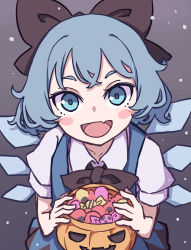 Rule 34 | 1girl, :d, absurdres, basket, black bow, black neckwear, black ribbon, blue eyes, blue hair, blush stickers, bow, candy, cirno, collarbone, collared shirt, commentary request, dress, fang, food, grey background, hair bow, halloween, highres, ice, ice wings, kame (kamepan44231), looking at viewer, one-hour drawing challenge, open mouth, pinafore dress, puffy short sleeves, puffy sleeves, ribbon, shirt, short hair, short sleeves, simple background, skin fang, sleeveless dress, smile, snowing, solo, standing, tongue, touhou, trick-or-treating, white shirt, wing collar, wings