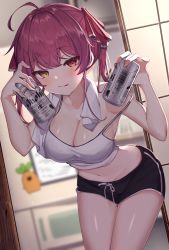 Rule 34 | 1girl, absurdres, ahoge, alcohol, barcode, beer, brand name imitation, breasts, can, cleavage, cowboy shot, crop top, drawstring, drink, english text, gym shorts, hair ribbon, heterochromia, highres, holding, holding can, holding drink, hololive, houshou marine, indoors, large breasts, leaning forward, long hair, looking at viewer, midriff, navel, pomp (qhtjd0120), red eyes, red hair, red ribbon, ribbon, short shorts, shorts, shouji, sliding doors, solo, strap slip, sweat, tank top, thighs, tongue, tongue out, towel, towel around neck, twintails, virtual youtuber, white tank top, yellow eyes