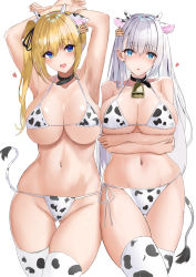 Rule 34 | 2girls, absurdres, animal ears, animal print, arms under breasts, arms up, bare arms, bare shoulders, bell, bikini, black collar, blonde hair, blue eyes, breasts, collar, collarbone, cow ears, cow girl, cow horns, cow print, cow tail, ear tag, heart, highres, horns, large breasts, long hair, looking at viewer, micro bikini, mole, mole under eye, multiple girls, navel, neck bell, original, parted lips, silver hair, simple background, smile, stomach, string bikini, swimsuit, tail, thigh gap, thighhighs, white background, white bikini, white legwear, zyousha333