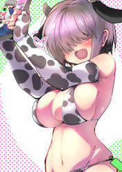 Rule 34 | ..., 1girl, animal ears, animal print, arms up, bare shoulders, bikini, black hair, blush, breasts, cleavage, cow ears, cow horns, cow print, elbow gloves, fang, fingerless gloves, gloves, grey hair, hair over eyes, heart, holding, horns, isshitaira, large breasts, long bangs, manga (object), multicolored hair, navel, open mouth, polka dot, polka dot background, shiny skin, skindentation, smile, solo, swimsuit, tongue, two-tone hair, upper body, uzaki-chan wa asobitai!, uzaki yanagi, white background, white bikini, white gloves