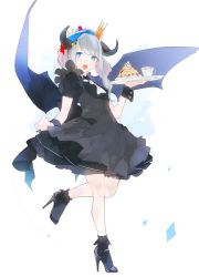 Rule 34 | 1girl, :d, ama mitsuki, anklet, black dress, black footwear, blue eyes, bobby socks, braid, commentary request, cup, dress, full body, gradient hair, grey hair, hair ornament, high heels, holding, horns, jewelry, multicolored hair, open mouth, original, shoes, smile, socks, solo, standing, standing on one leg, star (symbol), star print, stiletto heels, strappy heels, tray, waitress, wings, wrist cuffs