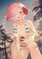 Rule 34 | bad id, bad pixiv id, bikini, blush, fate/grand order, fate (series), flower, highres, holding hands, jewelry, looking at viewer, mash kyrielight, mash kyrielight (swimsuit of perpetual summer ver.02), nail polish, official alternate costume, pacoske, palm tree, pink hair, pov, pov hands, purple eyes, swimsuit, tree