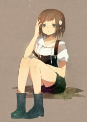 Rule 34 | bad id, bad pixiv id, blue eyes, boots, brown hair, heca, overalls, short hair, sitting, solo, suspenders