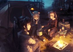 Rule 34 | 3girls, alternate costume, animal ears, azur lane, backpacking stove, bad id, bad twitter id, black hair, bonfire, camping, commentary request, contemporary, cooking, fire, folding stool, forest, hyuuga (azur lane), long hair, multiple girls, nature, night, ponytail, portable stove, prinz eugen (azur lane), rias-coast, silver hair, sitting, takao (azur lane), tent, two side up