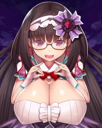 Rule 34 | 1girl, absurdres, asamura hiori, bad anatomy, bad proportions, blush, breasts, brown-framed eyewear, brown hair, cleavage, commentary request, fate/grand order, fate (series), fingerless gloves, glasses, gloves, hair ornament, hands up, highres, huge breasts, long hair, looking at viewer, nervous smile, open mouth, osakabehime (fate), purple eyes, semi-rimless eyewear, sidelocks, smile, solo, tears, under-rim eyewear, upper body, very long hair, white gloves