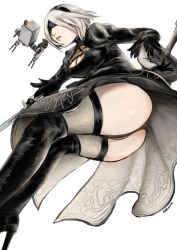 Rule 34 | 1girl, ass, black dress, black gloves, black thighhighs, blindfold, breasts, brown thighhighs, cleavage, covered eyes, dress, female focus, gloves, hairband, highres, large breasts, leotard, mole, mole under mouth, nier (series), nier:automata, okome (komehakumai), pod (nier:automata), short hair, skindentation, skirt, thighhighs, thighs, two-sided fabric, two-sided skirt, white gloves, white hair, 2b (nier:automata)