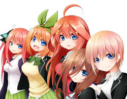Rule 34 | 5girls, :d, :o, ahoge, black jacket, black ribbon, blazer, blue eyes, blush, breasts, brown hair, collared shirt, commentary request, dress shirt, go-toubun no hanayome, green ribbon, green skirt, hair between eyes, hair ornament, hair ribbon, hand on another&#039;s shoulder, headphones, headphones around neck, highres, jacket, kuena, large breasts, light brown hair, long hair, multiple girls, nakano ichika, nakano itsuki, nakano miku, nakano nino, nakano yotsuba, open clothes, open jacket, open mouth, parted lips, pleated skirt, quintuplets, red hair, ribbon, shirt, siblings, simple background, sisters, skirt, smile, star (symbol), star hair ornament, sweater vest, very long hair, white background, white shirt