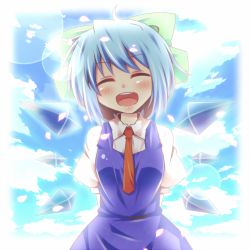 Rule 34 | 1girl, blue hair, bow, cirno, closed eyes, hair bow, ice, ice wings, kousa (black tea), necktie, open mouth, short hair, short sleeves, smile, solo, touhou, wings