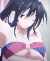 Rule 34 | 1girl, bikini, black hair, breasts, cleavage, high school dxd, high school dxd new, highres, himejima akeno, large breasts, looking at viewer, one eye closed, open mouth, ponytail, purple eyes, solo, swimsuit, two-tone bikini