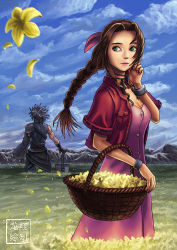 Rule 34 | 1990s (style), 1girl, aerith gainsborough, basket, bracelet, braid, breasts, brown hair, choker, cleavage, dress, field, final fantasy, final fantasy vii, flower, flower field, green eyes, hair ribbon, highres, jacket, jewelry, lips, long dress, long hair, making-of available, petals, pink dress, planted sword, planted, red jacket, ribbon, ryu shou, single braid, single sleeve, solo focus, sword, weapon, wind, zack fair