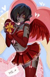 Rule 34 | 1girl, absurdres, black hair, bow, box, bra, breasts, bridal gauntlets, colored sclera, colored skin, english text, feathered wings, garter straps, grey skin, heart, heart-shaped box, highres, looking to the side, maewix (artist), medium breasts, miniskirt, navel, orange sclera, original, pointy ears, red bra, red bridal gauntlets, red skirt, red thighhighs, red wings, short hair, skirt, slit pupils, solo, thighhighs, underwear, wings, yellow bow, yellow eyes